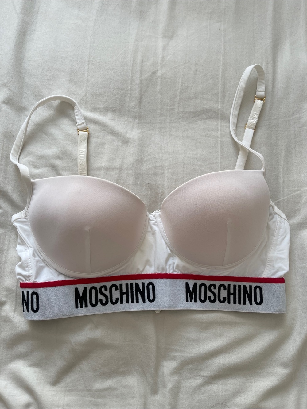 Moschino White Padded Logo Band Bra with Red Trim